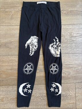 Blackcraft Cult Black Graphic Leggings w Occult Prints Hands Pentagram Moon Star
